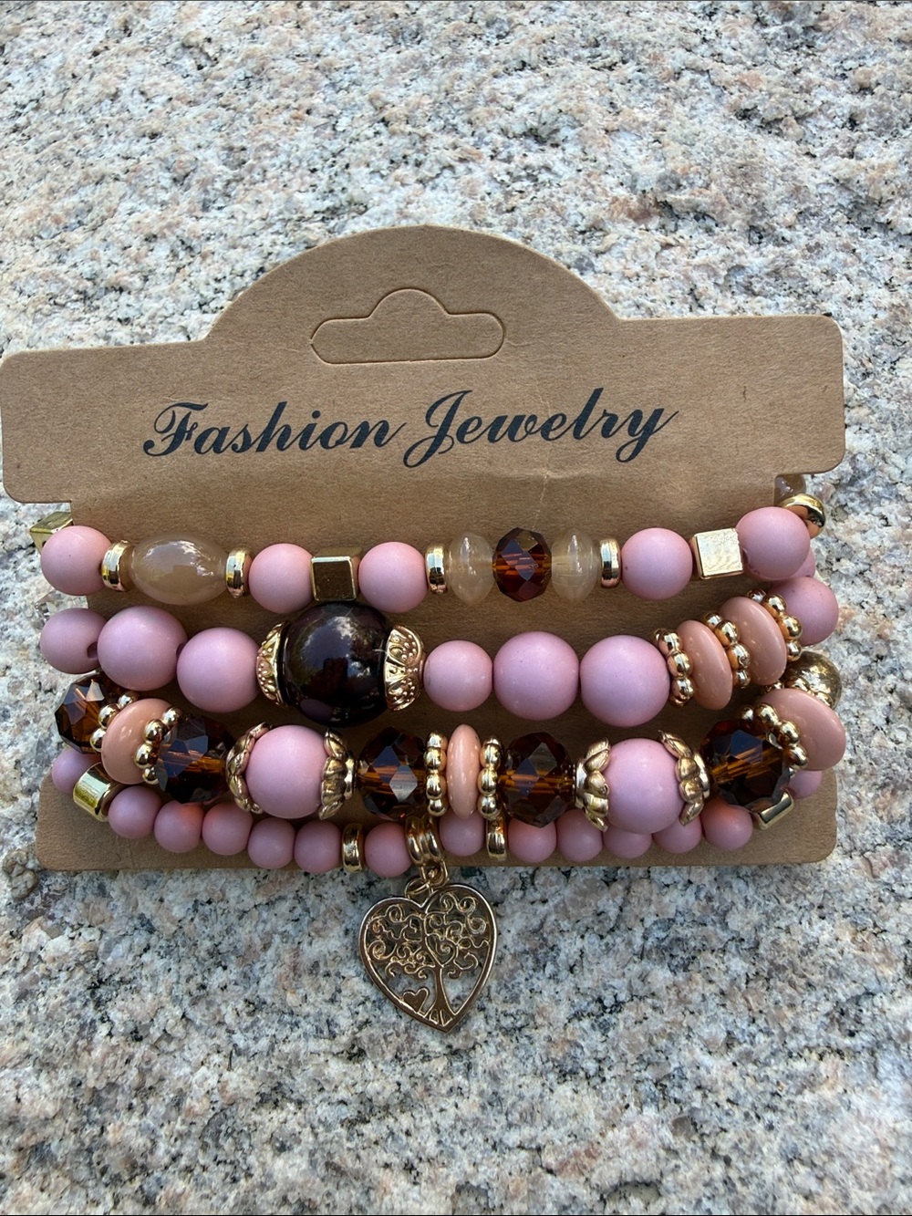 Pink and Brown Layered Beaded Bracelet Set with Heart Charm